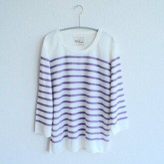 【new】リネンニット　7分袖ボーダープルオーバー（オフ白×パープル）｜レディース2サイズ