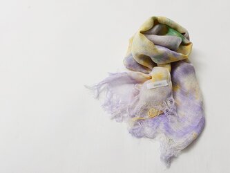 国産シルク100％手描き染めストール　purple&yellow&greenの画像
