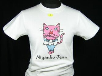 ★★巻きスカートにジーンズの★ピンク猫のTシャツ・新品★★の画像