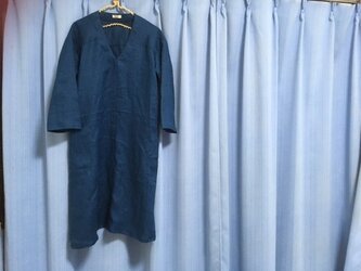 Vネックワンピース★リネン100％★ブルーの画像