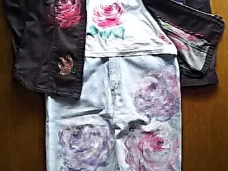 薔薇のジャケット+Tシャツ(ブラウス)+パンツ《手描きオーダーメイド作品》の画像