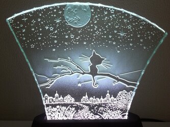 星降る夜・ネコ　ガラスエッチングパネル Mサイズ・LEDスタンドセットの画像
