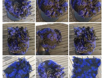 飛び飛びモヘアのリバーシブルスヌードキャップ（blue×black）の画像