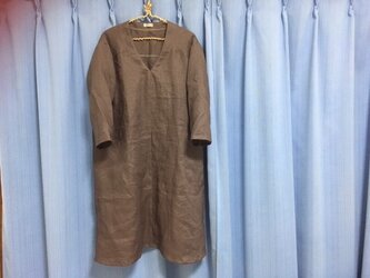 【即納】Vネックワンピース★リネン100％★バーガンディ（ブラウン）の画像