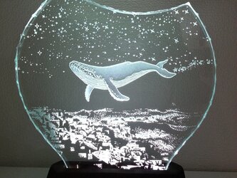 星降る夜・クジラ　ガラスエッチングパネル Mサイズ・LEDスタンドセット（ランプ・ライト・照明）の画像