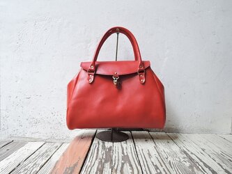 【ORZO】ベルト付神戸 栃木レザーボストンBAG(M) レッドの画像