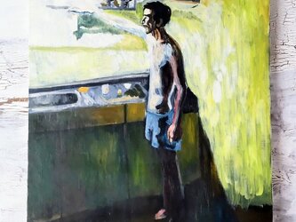絵画「台所に立つ男」原画・F20・油彩画・裏紐付きの画像