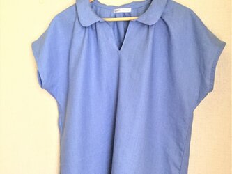 【ご予約商品】ブルーリネン　襟付きチュニックブラウスの画像