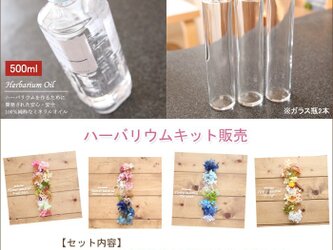 ハーバリウムお試しキット（オイル、ガラス瓶2本、花材セット2種類）の画像