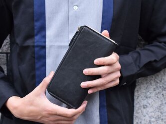 姫路産 馬革 オールレザーで仕上げた長財布 L型 手もみ シュリンク加工 ブラック ギフト 本革の画像