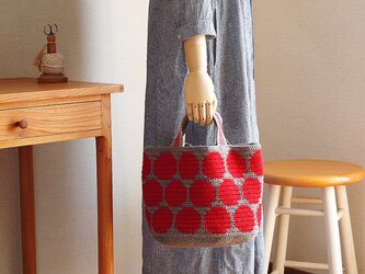 WOOL!ドット柄オーバルトート*赤×グレーベージュの画像