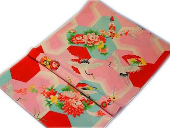 k0004　夫婦鶴亀甲紋様子供着物ハギレ☆古布・古裂　/筒描き/型染め/藍染/絞り/錦紗縮緬の画像