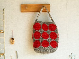 WOOL!ドット柄のワンハンドルオーバルトート*赤×グレーベージュの画像