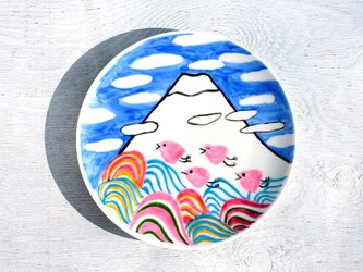 冬の富士山（波千鳥）色絵皿の画像