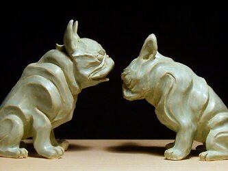 陶塑　2018年「干支（戌）」作品　フレンチブルドッグ　阿吽（あうん）狛犬　限定2点セットの画像