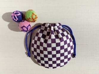 ミニ巾着　市松模様　紫×オフホワイト　御守り　小物収納　プレゼントにも　の画像
