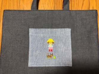 １点限定★レッスンバッグ＊クロスステッチ刺繍★女の子と猫＊通園通学の画像