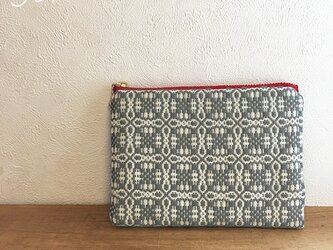 pouch[手織りミニポーチ]グレーホワイト×レッドファスナーの画像