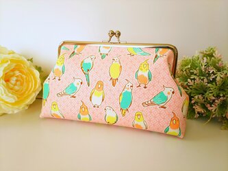 ◆【入荷しました】【再販14】ほのぼのインコのがま口ポーチピンク*オカメインコセキセイインココザクラインコオウムヨウムの画像