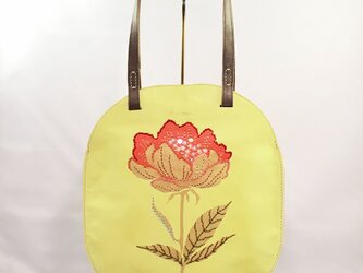 革のぺたんこバッグ（芍薬・黄）の画像