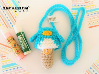 リップクリームケース(毛糸)ペンギン【ブルー】首掛け用の画像