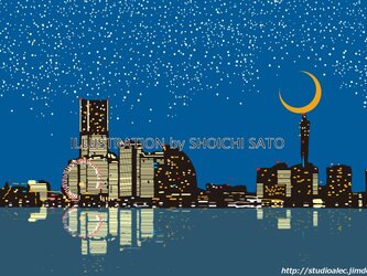 版画作品　横浜イラスト「スターライト・ハーバー」　（みなとみらい２１の夜景を描いたイラスト）の画像