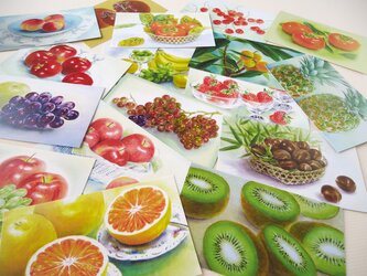 メッセージカード１７枚、果物の水彩画１７種柄違いの画像