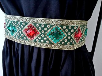 ★緑ｘ赤ｘ金★インド刺繍のリボンベルト★の画像