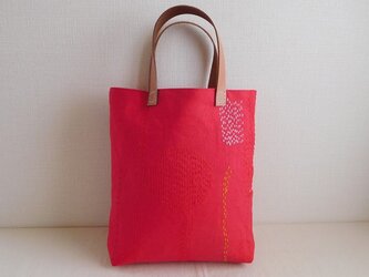 麻帆布のステッチバッグ 刺し子 赤の画像