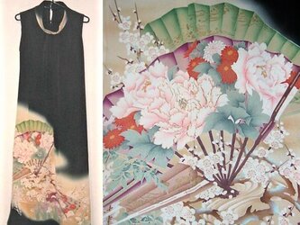 留袖リメイク♪扇に牡丹が素敵なアンティーク留袖ワンピース♪ボレロ付き♪ハンドメイドの画像