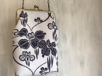 着物リメイク 浴衣 がま口ポシェット 斜め掛けバッグ 菖蒲の画像