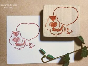 ハートのふきだし＆猫と小鳥・消しゴムはんこの画像