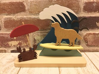 夏☆波とカニとレトリバーの置物☆3種から選択☆サーフィン☆海☆夏休み☆犬種の変更も色変更も可能！の画像