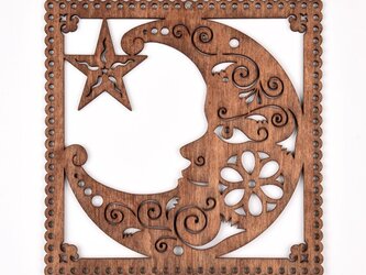 ウッドフレーム「月と星」（木の壁飾り Wooden Wall Decoration）の画像