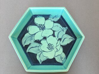 ターコイズブルー椿絵皿 飾り皿の画像