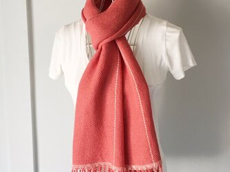 【ベビーアルパカ：秋冬】ユニセックス：手織りマフラー "Pink Orange with White lines"の画像