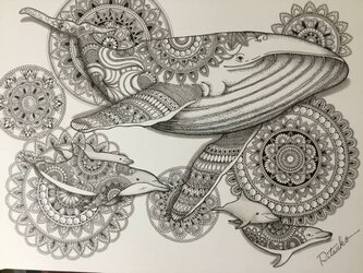必見 最新作 原画 肉筆 一点もの ボールペンアート 百貨店作家 人気 ボールペン画 絵画 クジラ 鯨 イルカ 開運 縁起物の画像
