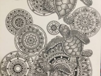 必見 最新作 原画 肉筆 一点もの ボールペンアート 額装付き 人気 ボールペン画 絵画 海亀 亀 カメ 亀の絵 開運 縁起物の画像