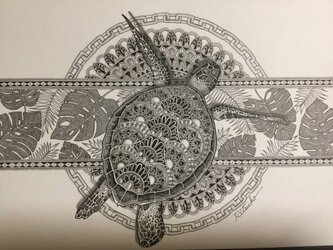 最新作 原画 肉筆 一点もの ボールペンアート 額装付き 人気 ボールペン画 絵画 海亀 亀 カメ 亀の絵 開運 縁起物の画像
