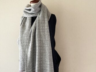 [再販]手織りオーバーショットカシミヤショール　グレー×レッドラインの画像
