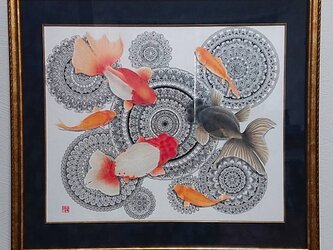 必見 最新作 原画 肉筆 一点もの ボールペンアート 額装付き 百貨店作家 人気 ボールペン画 絵画 金魚 金魚の絵の画像