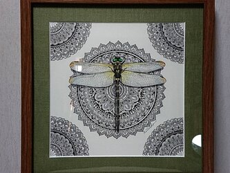 原画 肉筆 一点もの ボールペンアート 額装付き 百貨店作家 人気 ボールペン画 絵 オニヤンマ トンボ 蜻蛉の画像