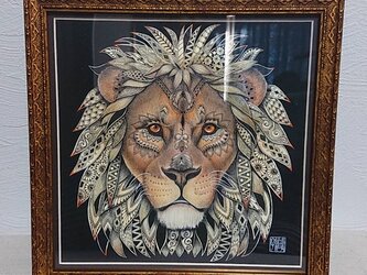 原画 肉筆 一点もの ボールペンアート 額装付き 百貨店作家 人気 ボールペン画 絵画 ライオン ライオンの絵 百獣の王の画像