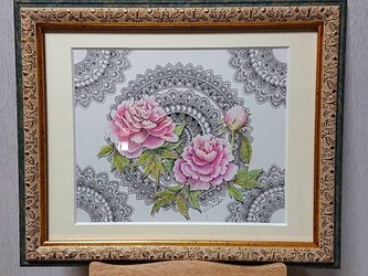 原画 肉筆 一点もの ボールペンアート 額装付き 百貨店作家 人気 ボールペン画 絵画 牡丹 牡丹の花 牡丹の絵の画像