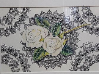 原画 肉筆 一点もの ボールペンアート 額装付き 百貨店作家 人気 ボールペン画 絵画 薔薇 バラ バラの絵 薔薇の絵の画像