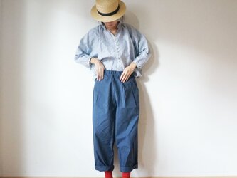 Linen button gather blouse 長袖 BLUE(stripe)の画像