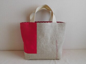 リネン パッチワークバッグ  赤ベージュの画像
