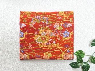 敷物　マット　金襴朱赤花模様　変わり織 20ｃｍ幅の画像