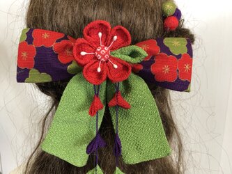 紫と黄緑の梅リボンの髪飾りセット（卒業式・袴・ちりめん細工）の画像