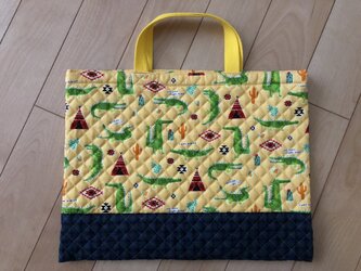 わに　キルティングレッスンバッグ（黄色・底青チェック）の画像
